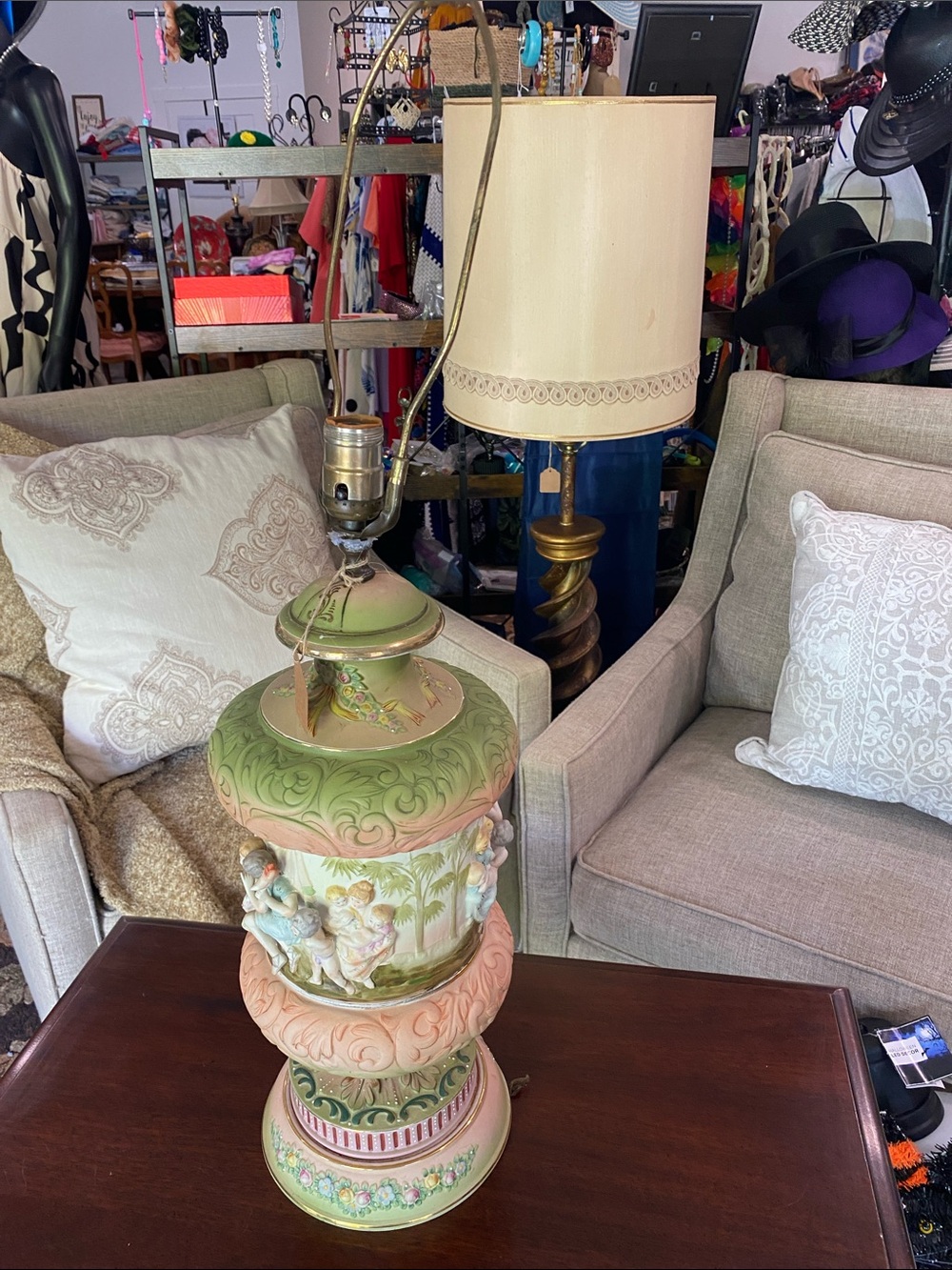 Vintage Green and Pink Cherub Porcelain Table Lamp